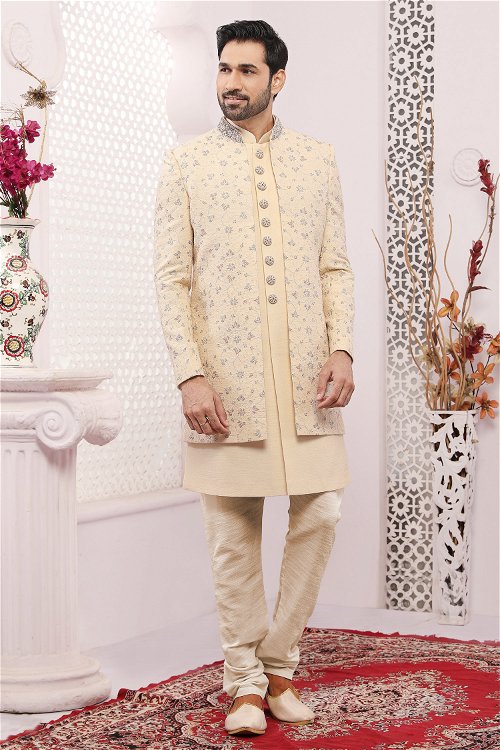 Cream Art Silk Sherwani with Jacket
