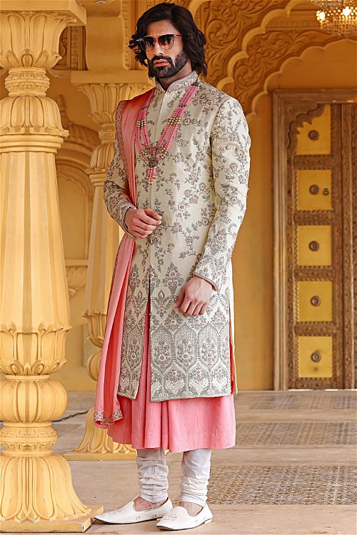 Cream and Pink Raw Silk Floral Embroidered Sherwani