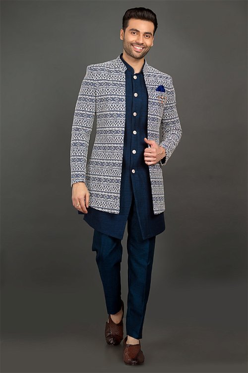Rama Blue Silk Indo Western with Embroidered Jacket