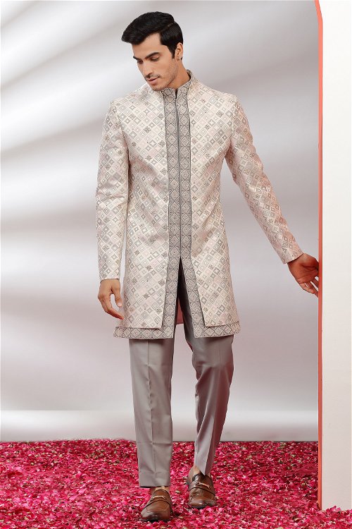 Off White Jacquard Silk Indo Western Outfit