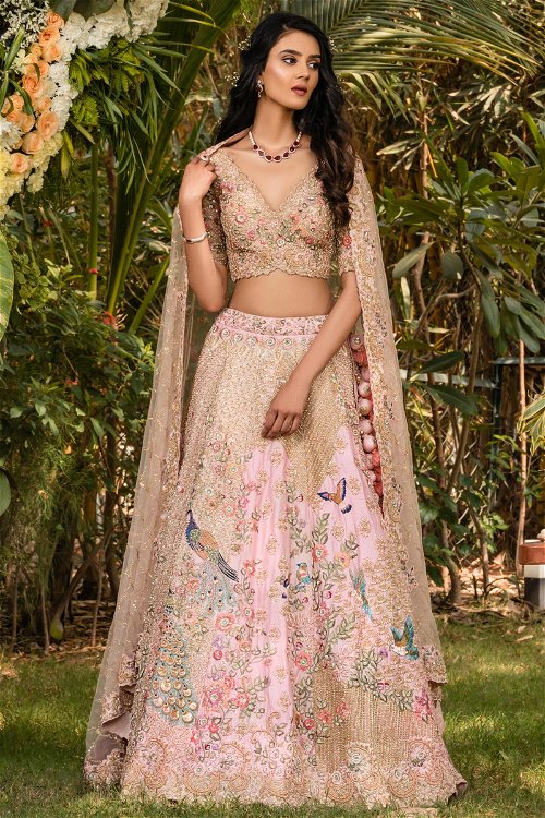 Pink Raw Silk Floral and Peacock Motifs Embroidered Lehenga