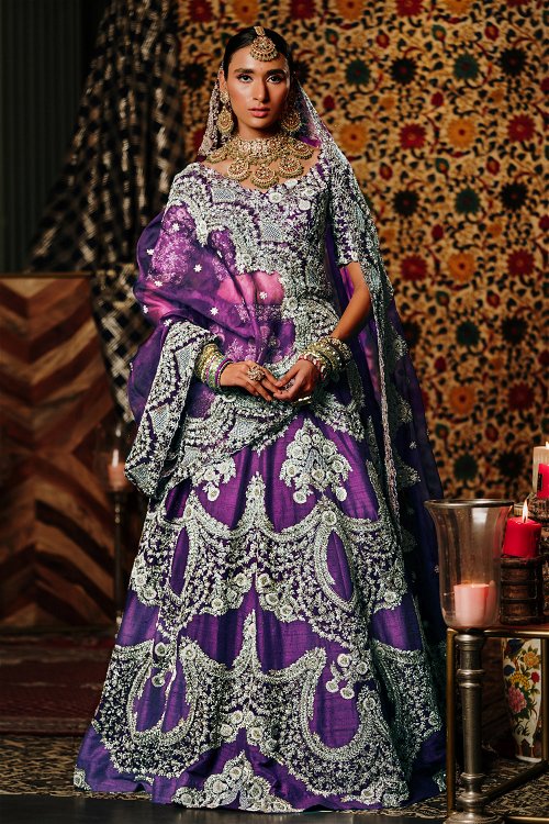 Purple Haze Colored Flared Lehenga in Raw Silk Embellished with Heavy Embroidery and Pearl Work