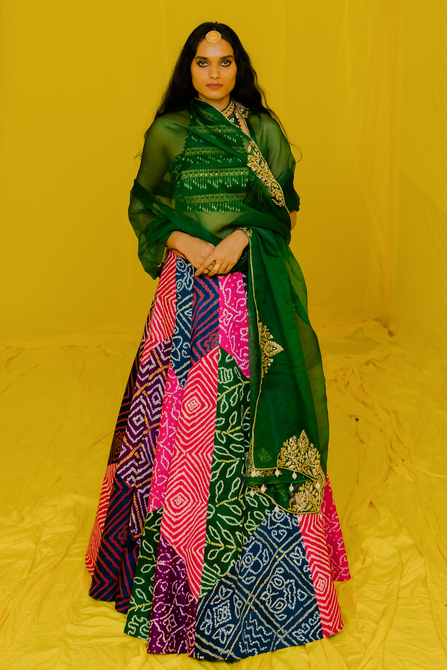 Multi Colored Silk Traditional Bandhani Print Lehenga