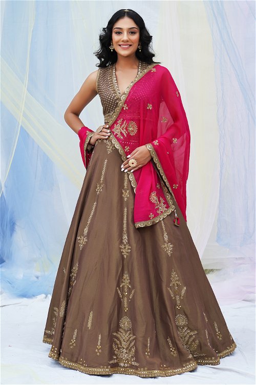 Brown Shimmer Silk Flared Lehenga with Mirror