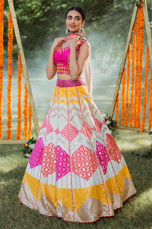 Multi Colored Flared Woven Lehenga in Georgette with Gota Patti Sequins and Handwork