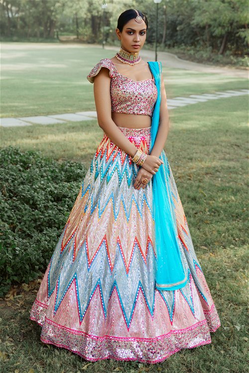 Multi Colored Flared Lehenga in Raw Silk with Zig Zag Sequins and Mirror Work
