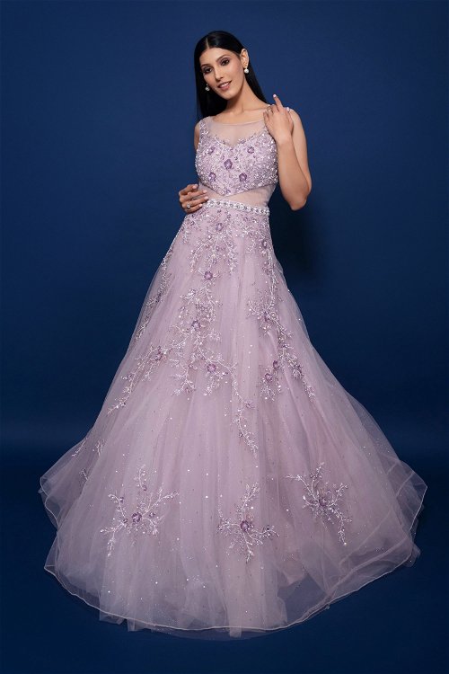 Purple Net Sequinned Flared Gown