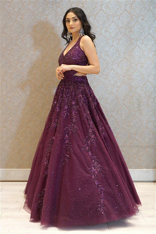 Purple Net Flared Sequinned Designer Gown