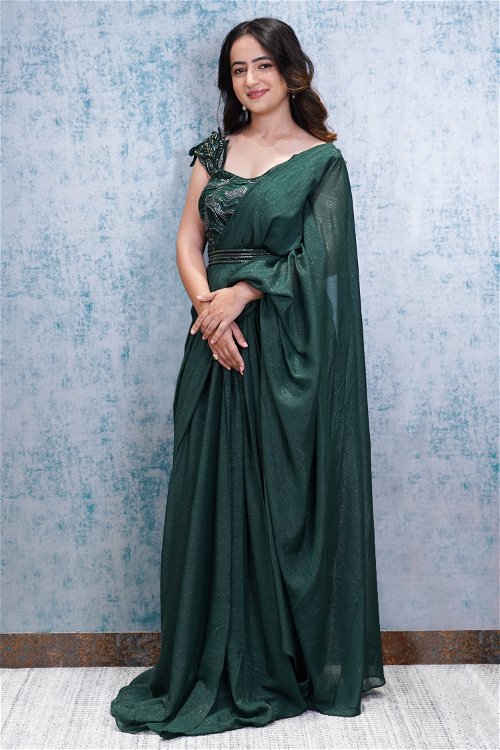 Green Shimmer Lycra Fancy Gown with Handwork