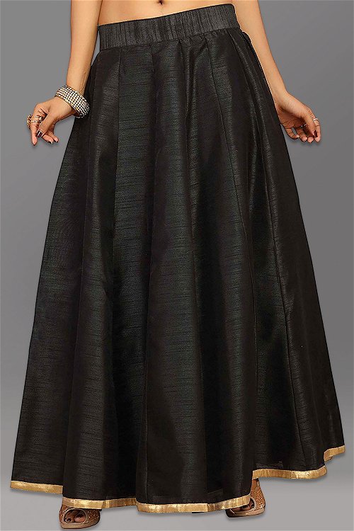 Black Dupion Silk Plain Skirt with Contrast Border
