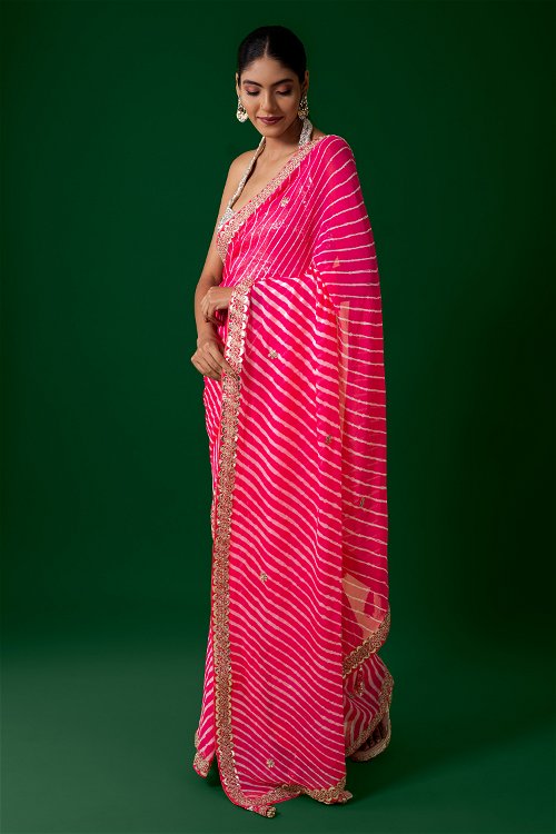 Pink Georgette Leheriya Saree with Gota Patti Work