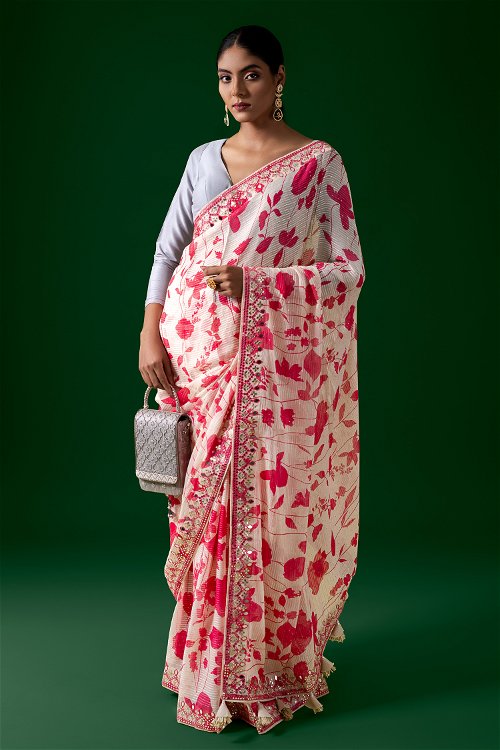 Cream and Pink Georgette Saree with Applique Work