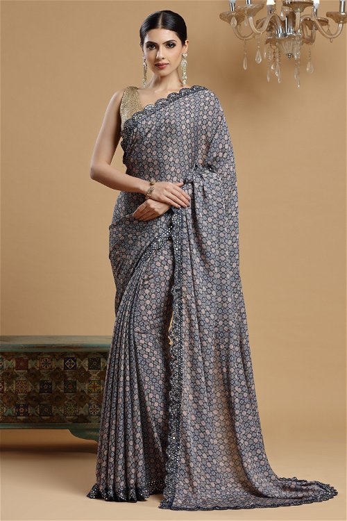Blue Muslin Silk Saree with Embroidery