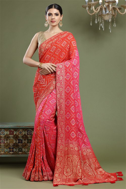 Red and Pink Georgette Bandhej Woven Saree