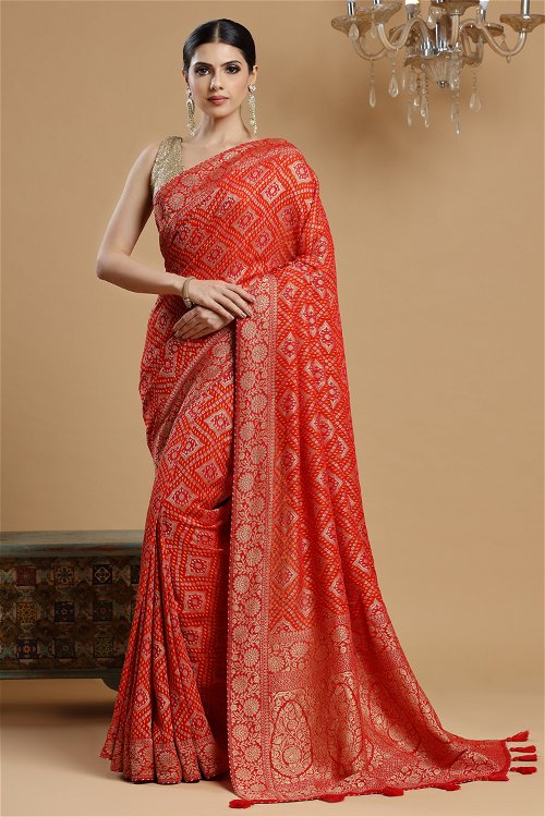 Red and Orange Georgette Bandhej Woven Saree