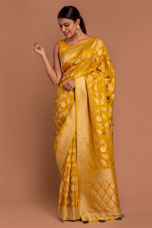 Yellow Silk Floral Jaal Woven Saree