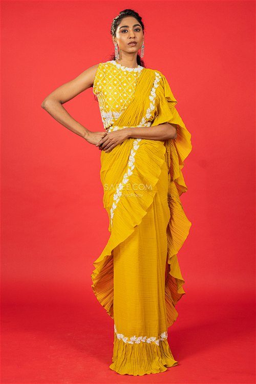 Yellow Georgette Pre Stitched Saree with Frill Border