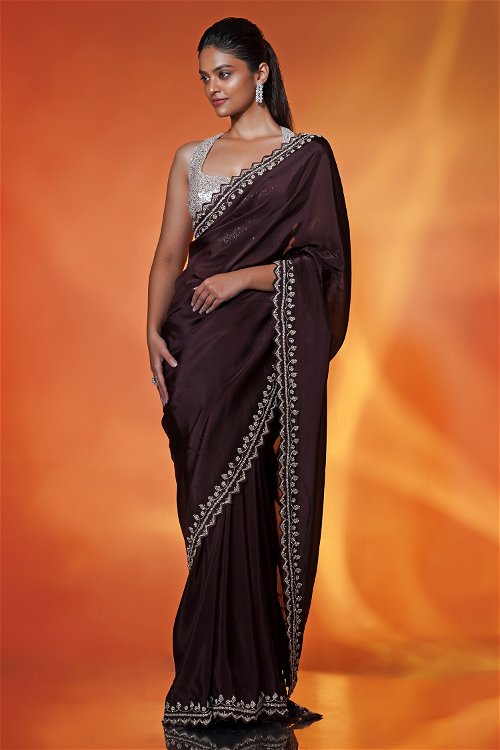 Dark Brown Saree in Maslin Silk Embellished with Cutdana Work and Cut Work Border