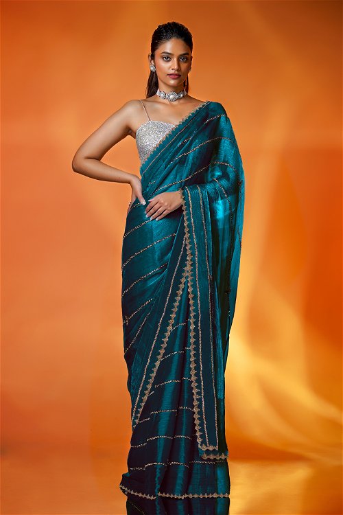 Peacock Blue Saree in Organza with Golden Cutdana and Stone Work