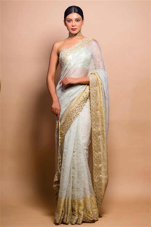 Pastel Grey and Golden Tissue Saree with Cutdana and Beads in Scallop Design On Border