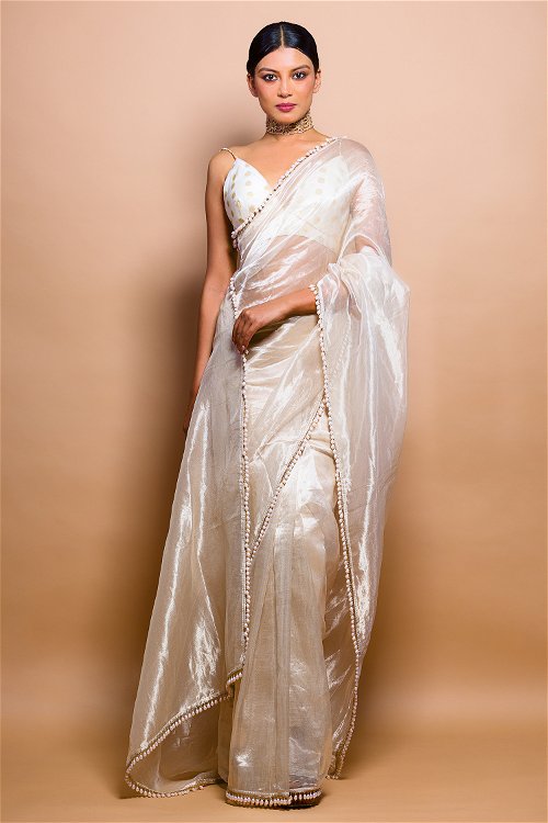 Golden Saree in Glass Tissue Along with Pearl Work Lace