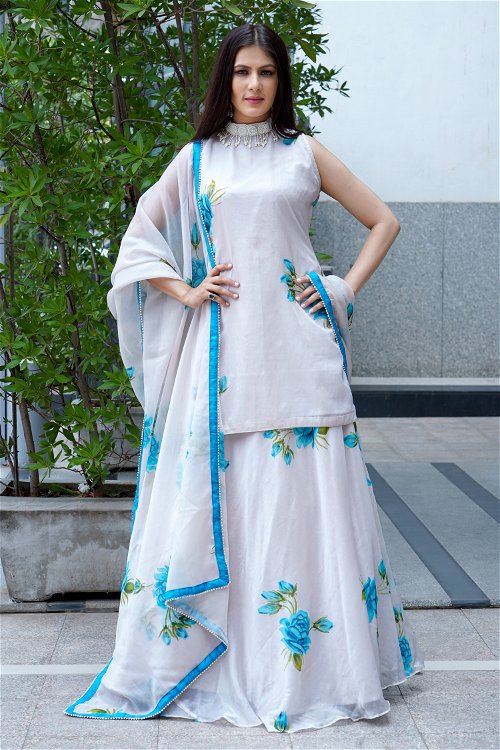 Off White Organza Lehenga Suit with Floral Motifs