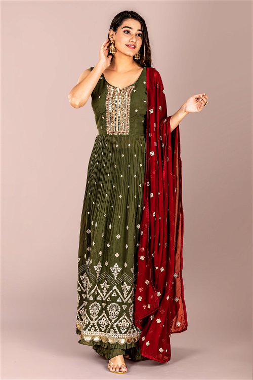 Olive Green Georgette Applique Work Palazzo Suit