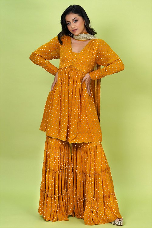 Mustard Georgette Sharara Suit with Embroidery