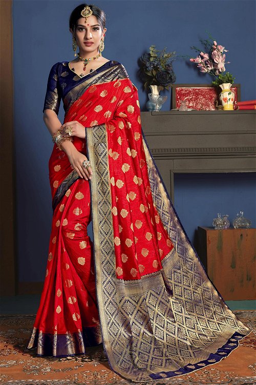 Red Art Silk Woven Saree with Contrast Checks Border and Pallu