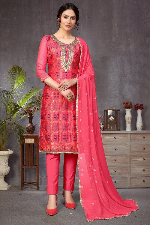 Coral Pink Banarasi Jacquard Printed Straight Cut Suit
