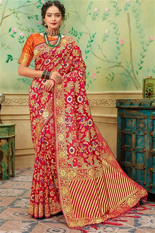 Red Silk All Over Floral Woven Saree with Striped Pallu
