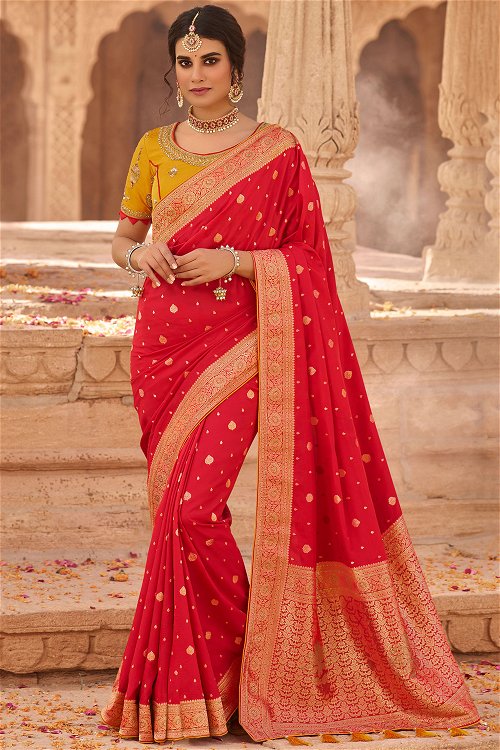 Red Silk Traditional Woven Saree with Floral Border and Pallu