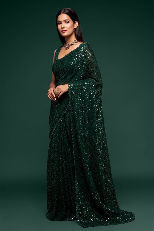 Forest Green Georgette Saree with Sequins Work