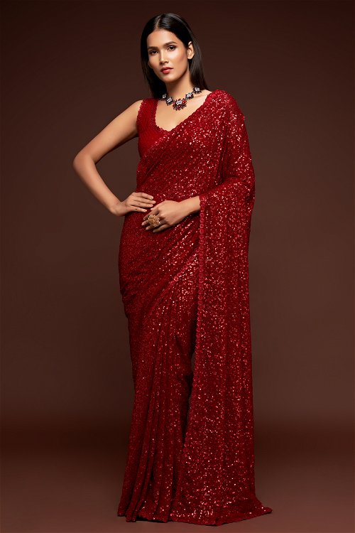 Blood Red Fully Sequinned Saree in Georgette Embellished with Delicate Floral Border