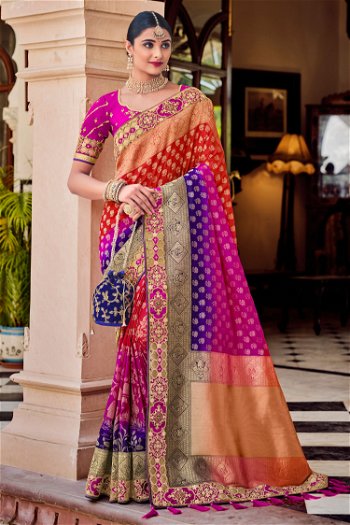 6. The Pink and Multi-Colored Banarasi Silk Saree: 