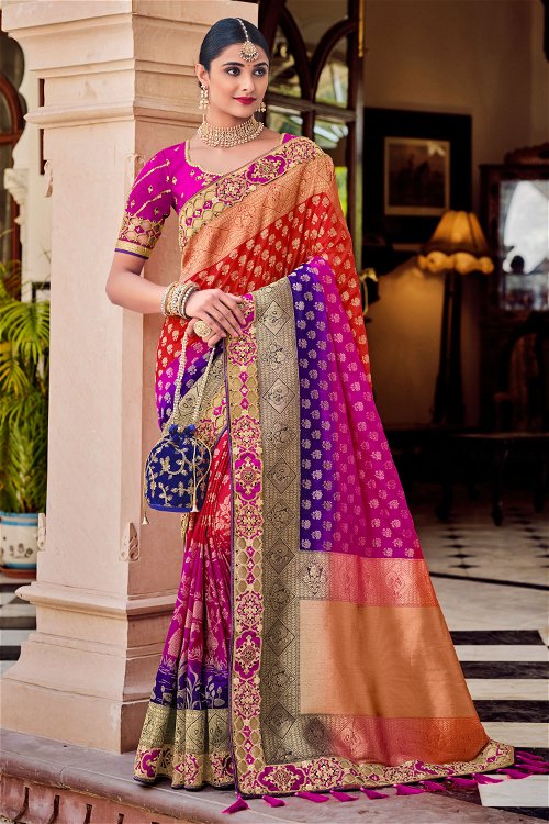 Red and Multi Colored Banarasi Silk Woven Saree