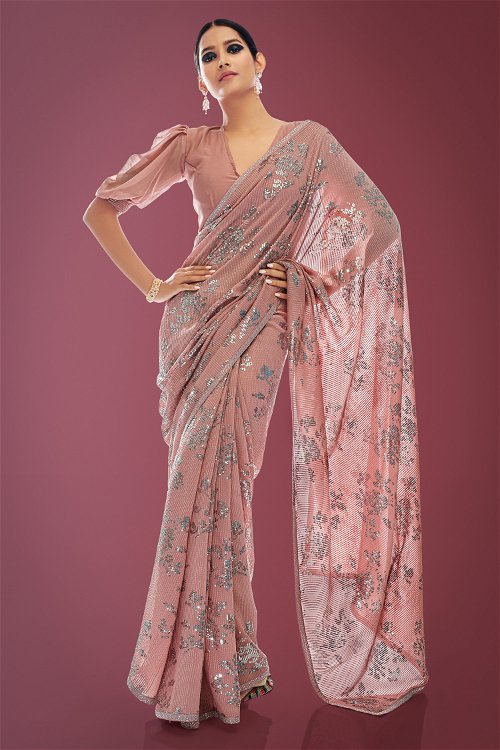 Dusty Peach Georgette Sequinned Saree