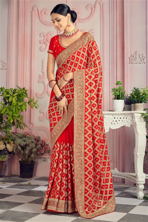 Red Georgette Checks Embroidered Saree