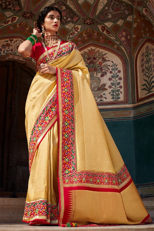 Beige Silk Traditional Woven Saree with Red Border