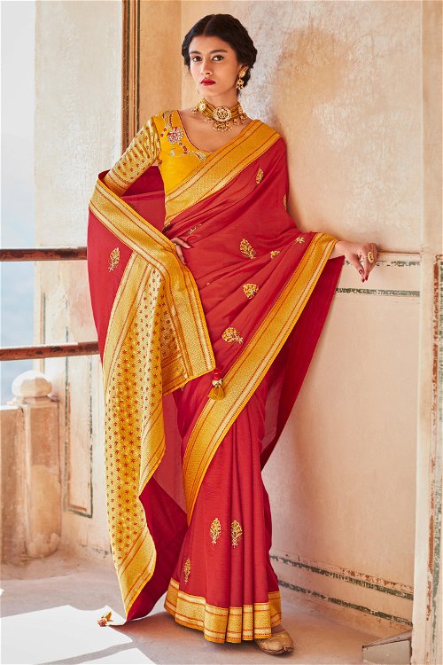 Red Silk Woven Saree with Yellow Border and Pallu