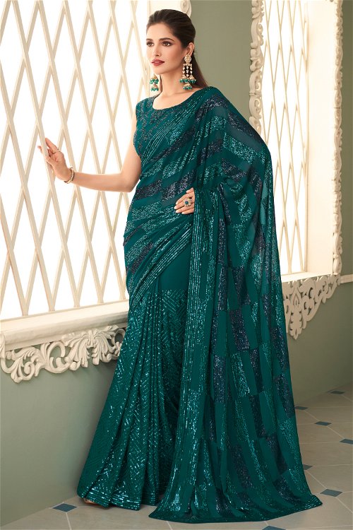 Teal Green Georgette Sequinned Saree