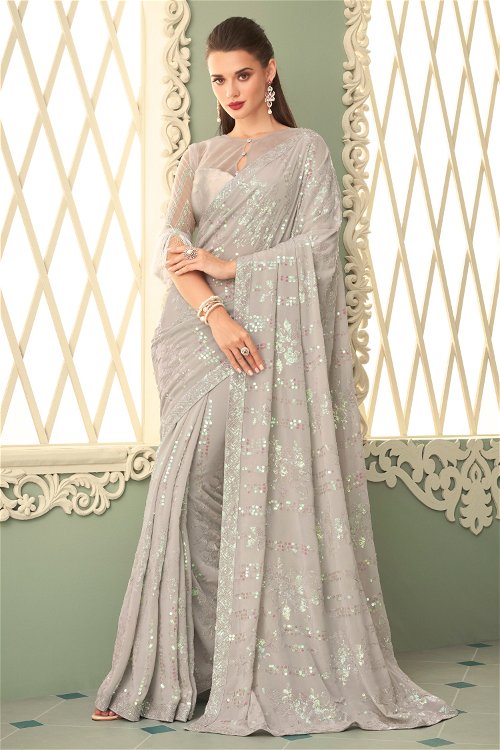 Taupe Georgette Sequinned Saree