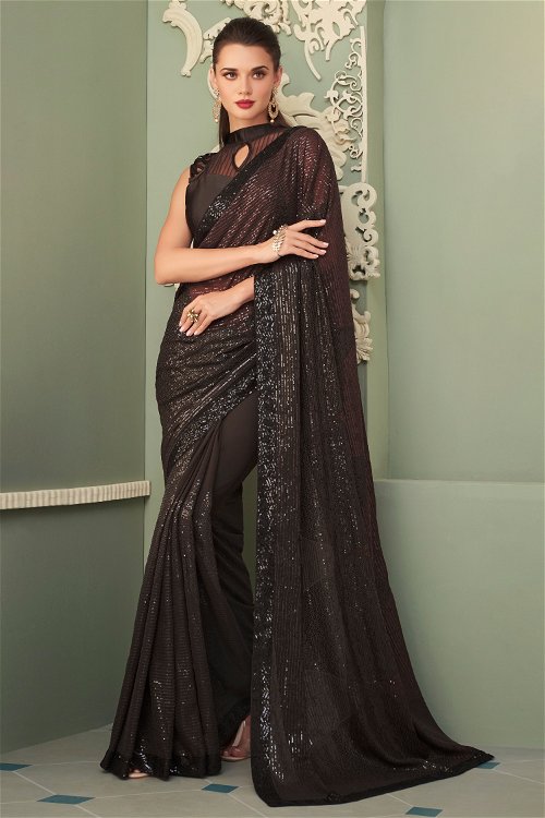 Brown and Black Georgette Sequinned Saree