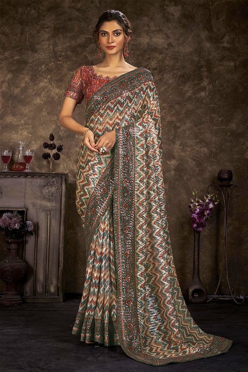 Multi Colored Imported Zigzag Printed Saree with Sequins Work