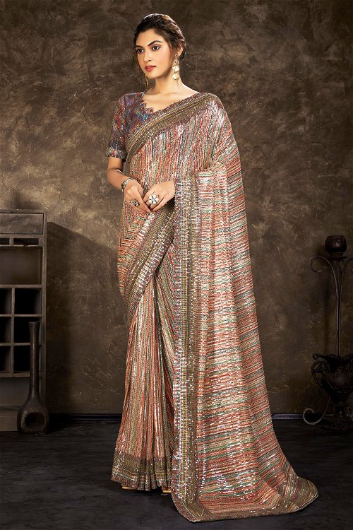Multi Colored Imported Strips Print Sequinned Saree