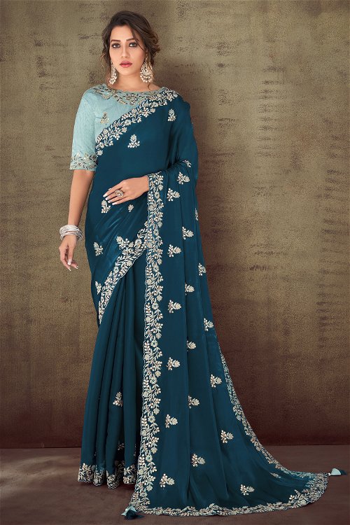 Rama Blue Organza Silk Floral Embroidered Saree with Stone