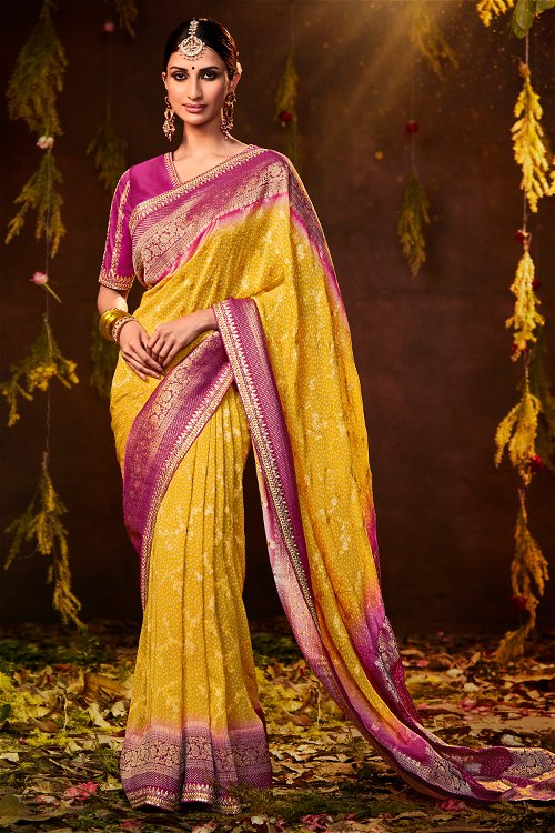 Yellow Silk Bandhani Saree with Contrast Woven Border and Pallu