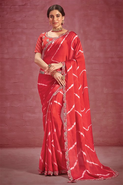 Red Satin Silk Georgette Tie Dye Saree with Sequins Lace