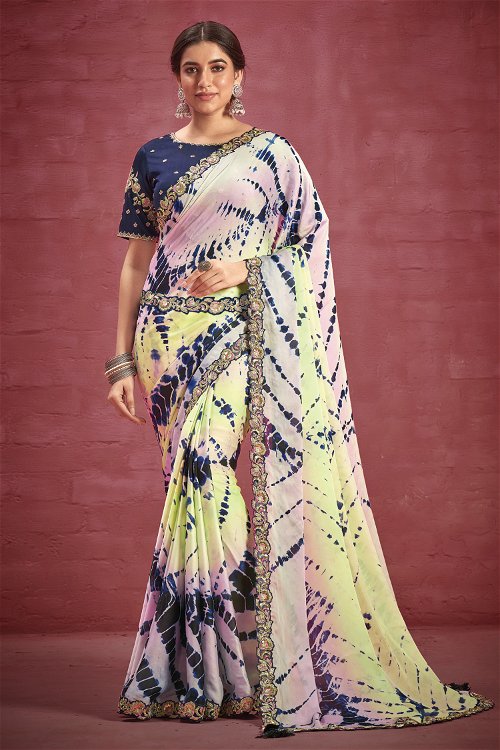 Multi Colored Satin Silk Georgette Shibori Printed Saree