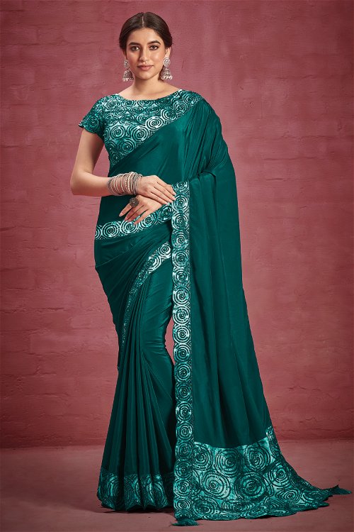 Teal Green Georgette Crepe Saree with Sequinned Border and Pallu
